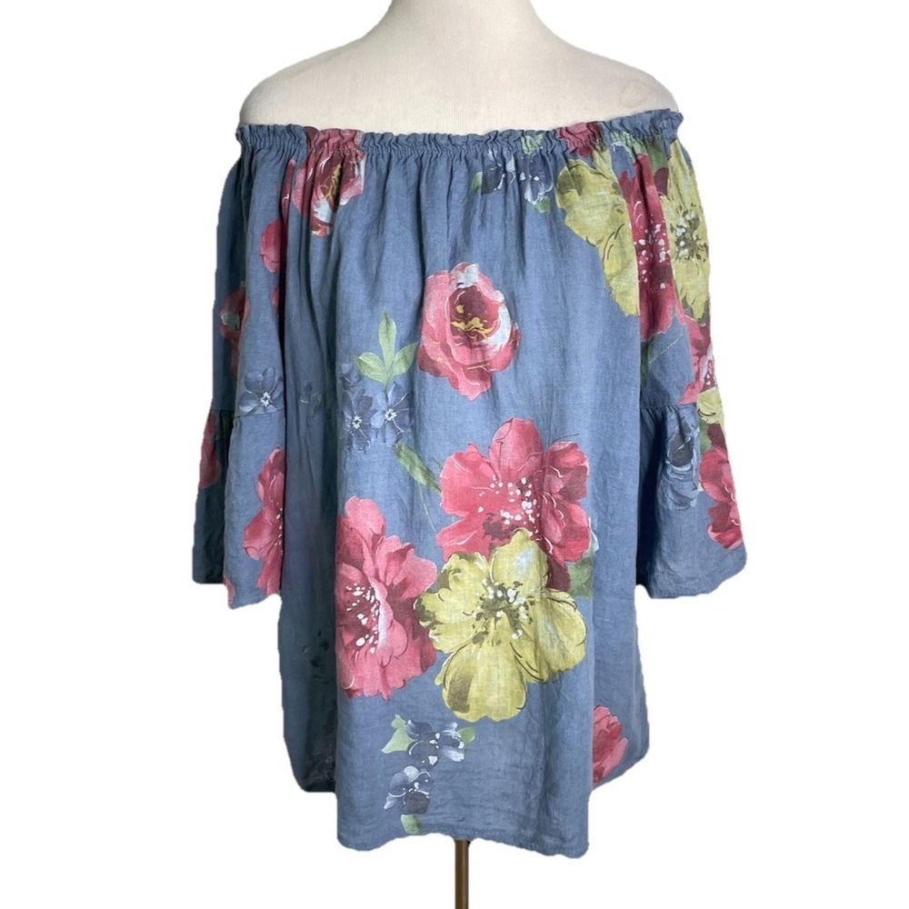 Kaktus  Off the Shoulder Top Blue Floral Bell Sleeve Peasant Italy Large